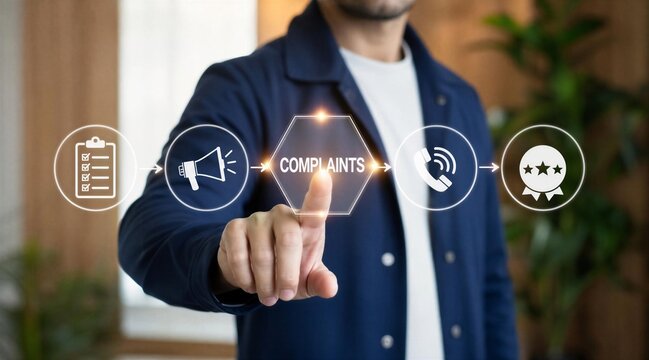 Man Touching Virtual Complaints Management Process Button
