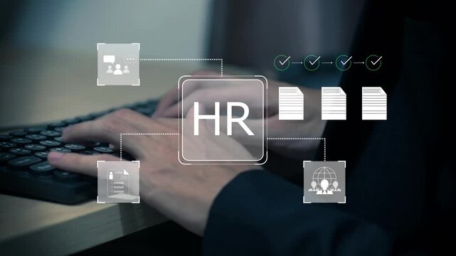 Businessman with laptop in modern office promoting employee engagement with animated HR icon, workforce development, diversity strategy, talent growth and human resources innovation.