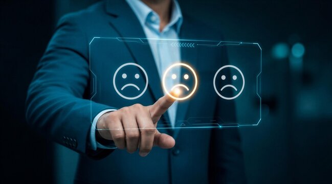 Businessman Selecting Unhappy Face on Digital Feedback Screen