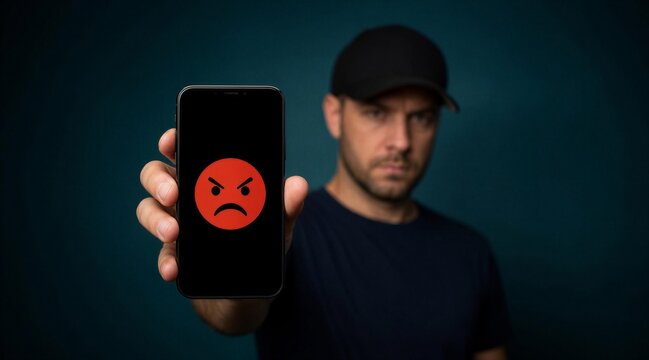 Man Holding Smartphone with Angry Emoji Face Screen