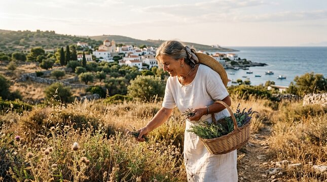 elderly woman harvesting wild herbs into basket near sea