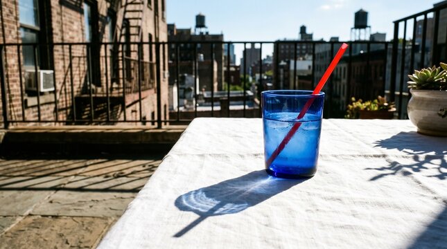 blue glass with water and red straw on terrace table