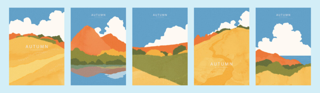 Set of autumn landscape card designs in a painterly style with grainy texture. Featuring vibrant hills, mountains and sky for seasonal greeting and backdrop, vector illustration.