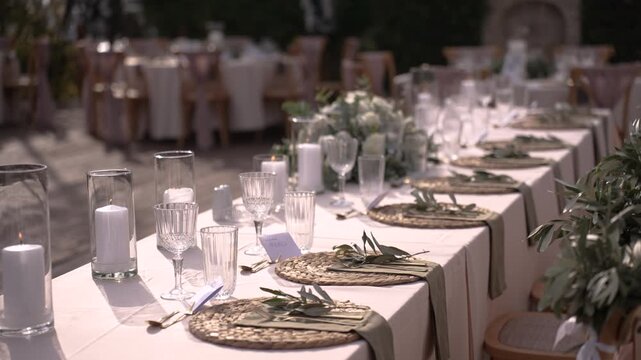 A detailed view of a beautifully arranged table for a reception in a garden. The setting includes glasses, plates, and candles. The atmosphere shows preparation for a special event.