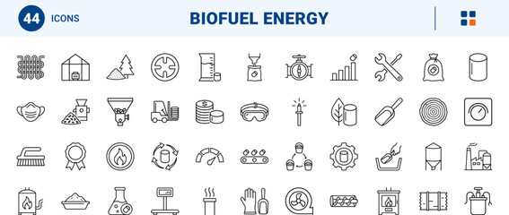 Fototapeta premium Biomass Pellet Scoop line icon set. Vector pictograms of heating, biofuel, equipment, and processing elements, thin linear illustration.