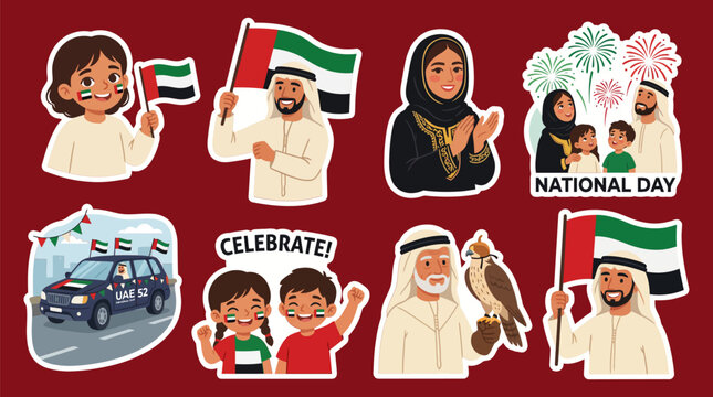 People in traditional Emirati attire celebrating UAE National Day with flags fireworks and festive car parade.