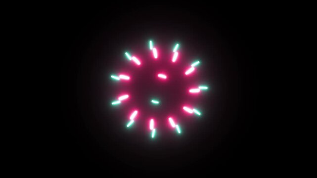 Vibrant neon light rings and glowing dashes rotate and pulse on a dark background creating an energetic abstract motion graphic loop perfect for modern digital displays