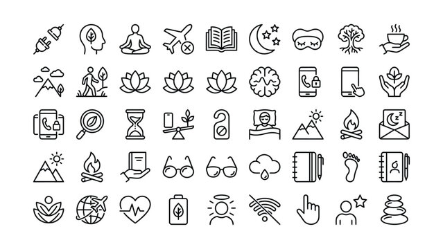 Minimalist line icons depicting mindfulness nature wellbeing and a balanced digitaldetox lifestyle journey