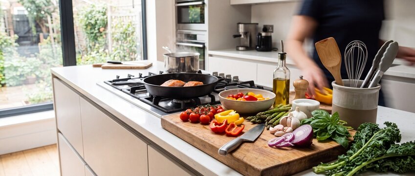 Salmon fillets searing in cast iron skillet on stove with fresh vegetables chopped on cutting board olive oil bottle and person moving in modern kitchen island.