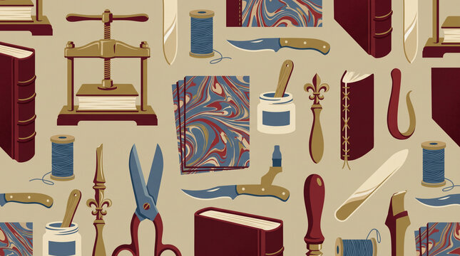 Bookbinding seamless pattern background with vintage books pressing machine marble paper binding tools bookbinding literature handicraft background illustration equipment creation production