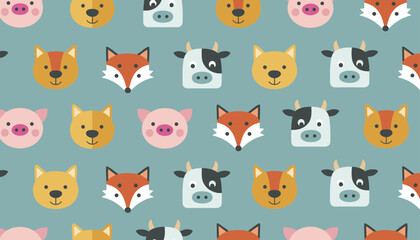 Obraz premium Cute seamless pattern of colorful cartoon animal faces including dogs, foxes, cows, and pigs on a teal background.