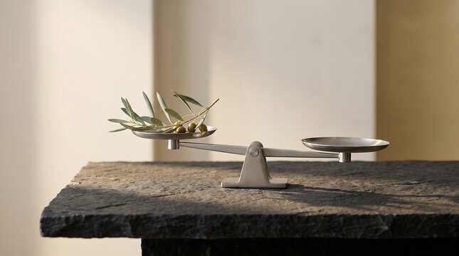 Minimalist composition with fresh olive branch on a metal balance scale on stone table.