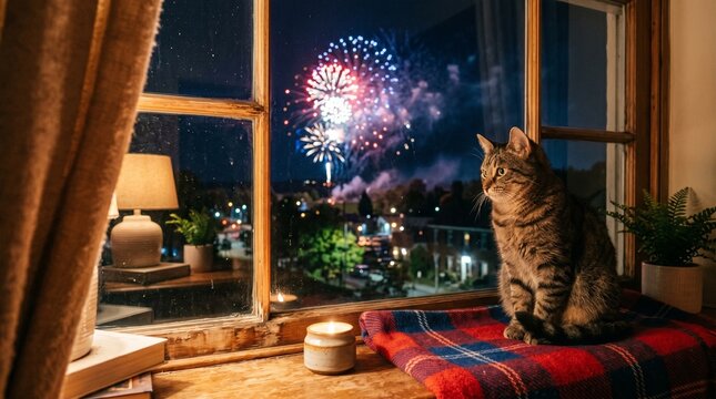 cat sitting on windowsill watching vibrant night city fireworks show