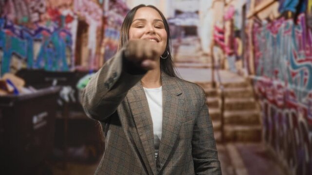 Woman extends fist toward camera in a graffiti lined street stairway, wearing a plaid blazer and hoop earring while smiling; confidence empowerment.