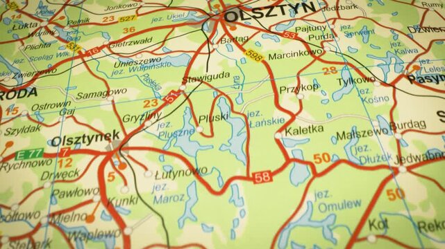 gliding map view of roads leading to olsztyn, poland
