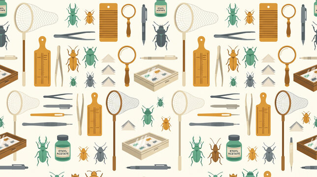 Seamless pattern with entomology equipment insect specimens and collecting tools on light background bug collection butterfly net magnifying glass jar tweezers display box background