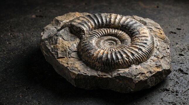 Ancient ammonite fossil embedded in a rough stone texture on a dark background.