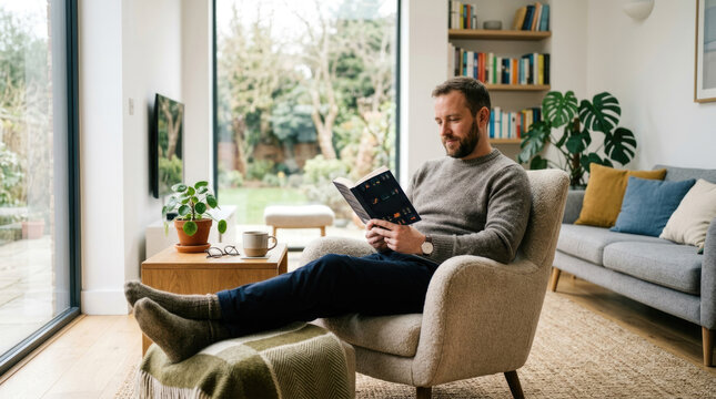Relaxed Man Reading a Book in Comfortable Armchair at Home