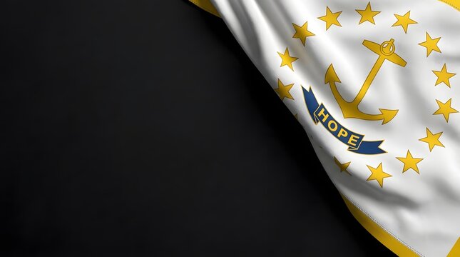 Rhode Island state flag waving in wind with gold anchor and stars on white background
