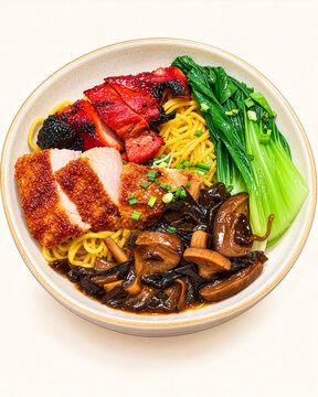 Bowl of Noodle complete with Mushroom Vegetables Charsiu