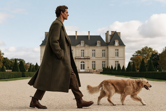 Man walking with golden retriever dog in front of French chateau gravel driveway.