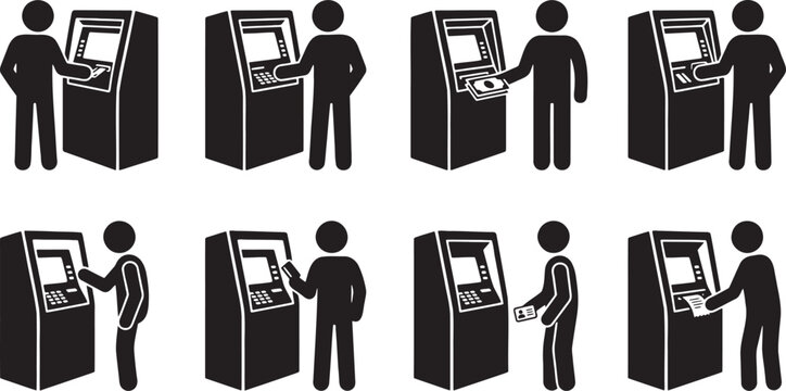 Banking customers using automated teller machine ATM silhouette icons