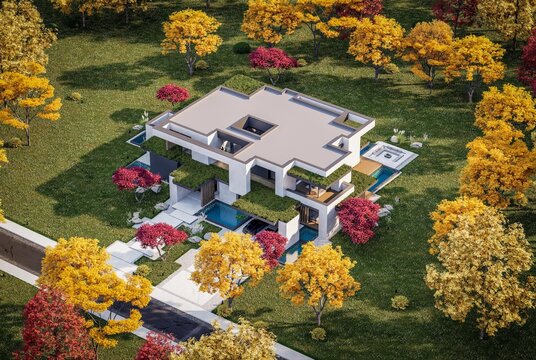 3d rendering of two-story house with parking and pool for sale or rent with concrete facade and beautiful landscaping on background. Clear sunny autumn day with golden leaves anywhere