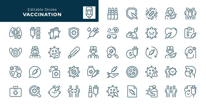 Vaccination outline icons. Injection, disease, shot, vaccine, illness, virus, doctor, nurse, patient, medicine. Line icon in linear style. Vector collection