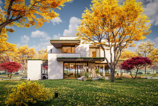 3d rendering of two-story house with parking and pool for sale or rent with concrete facade and beautiful landscaping on background. Clear sunny autumn day with golden leaves anywhere