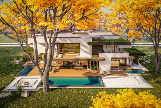 3d rendering of two-story house with parking and pool for sale or rent with concrete facade and beautiful landscaping on background. Clear sunny autumn day with golden leaves anywhere