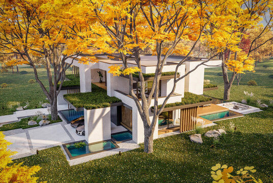 3d rendering of two-story house with parking and pool for sale or rent with concrete facade and beautiful landscaping on background. Clear sunny autumn day with golden leaves anywhere