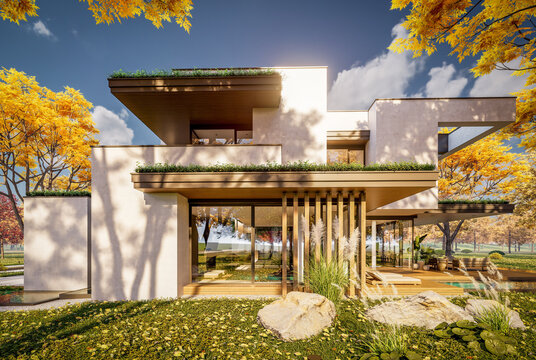 3d rendering of two-story house with parking and pool for sale or rent with concrete facade and beautiful landscaping on background. Clear sunny autumn day with golden leaves anywhere