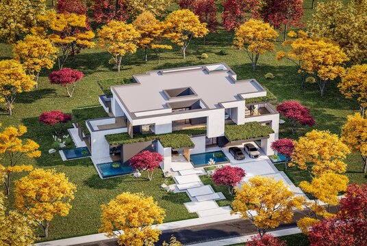 3d rendering of two-story house with parking and pool for sale or rent with concrete facade and beautiful landscaping on background. Clear sunny autumn day with golden leaves anywhere
