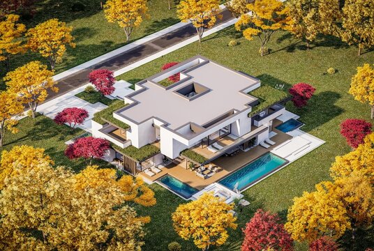 3d rendering of two-story house with parking and pool for sale or rent with concrete facade and beautiful landscaping on background. Clear sunny autumn day with golden leaves anywhere