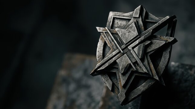 Abstract Deconstructed Sheriff Badge Sigil in Oxidized Steel with Macro Texture and Chiaroscuro Lighting