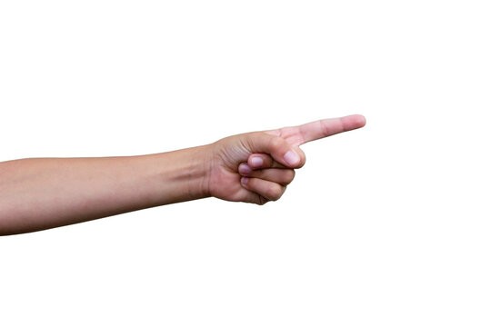 Child hand pointing to the right with an extended index finger. Isolated directional gesture for indication, navigation and attention concepts.