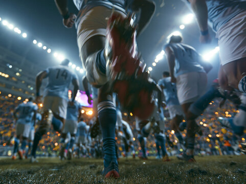 Soccer Players Running onto Field in Packed Stadium