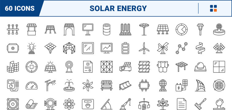 Solar art installations line icon set. Vector pictograms of renewable, photovoltaic, sculpture, and energy elements, thin linear illustration.