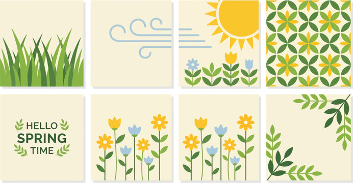 Spring greeting cards collection featuring grass, wind, sun, flowers, and geometric patterns in soft colors.