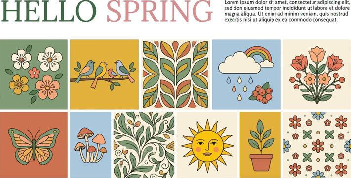 Spring collection panels displaying retro botanical illustrations, birds, mushrooms, butterflies, and sun motifs.