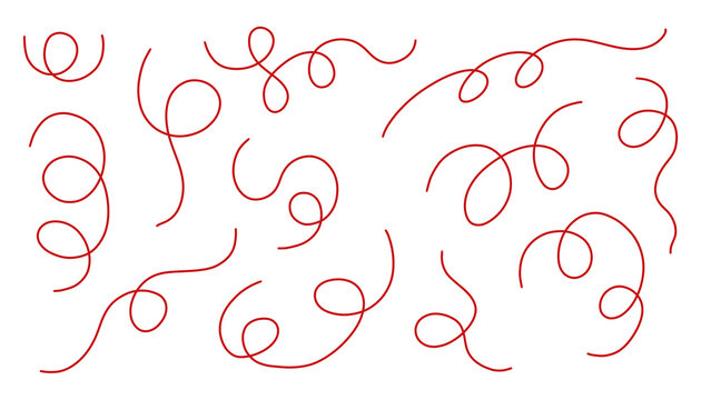 Set of red hand-drawn wavy lines, curly swirls, and abstract loops isolated on a transparent background for graphic design elements and creative projects