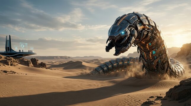 Cinematic Sci-Fi Hero Banner Featuring a Colossal Biomechanical Cybernetic Sandworm in a Minimalist Desert Landscape with Large Copy Space
