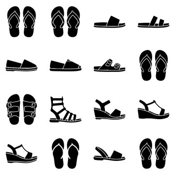 Set of sandals and flip flops footwear icons in solid black silhouette style with summer shoes beach sandals wedge sandals strappy sandals gladiator sandals shoe icons casual shoes women shoes