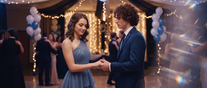 Prom night dance of teenage couple dressed in elegant formal blue suit and dress, holding hands on decorated ballroom floor for celebration advertising, banner and youth lifestyle editorial