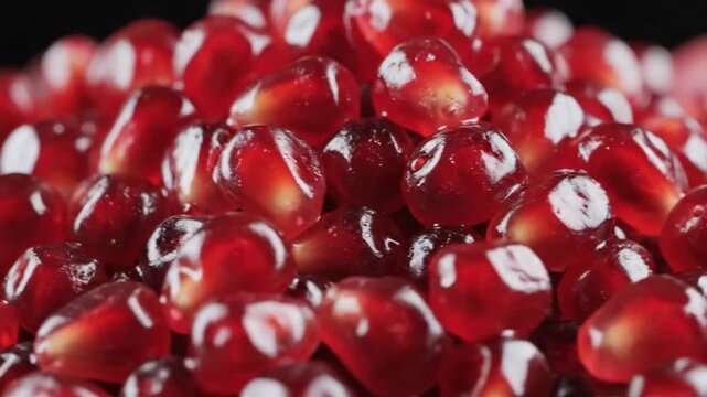 Close-up of fresh red pomegranate seeds glistening with juice
