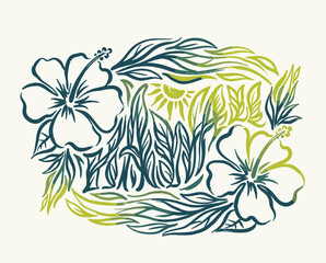 Hibiscus flowers, tropical leaves, sun, summer vacation, island vibe, botanical illustration, hand drawn, teal green gradient, surf style © srina
