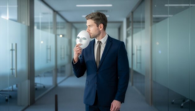Businessman in blue suit holds white mask against his face while standing in office corridor.
