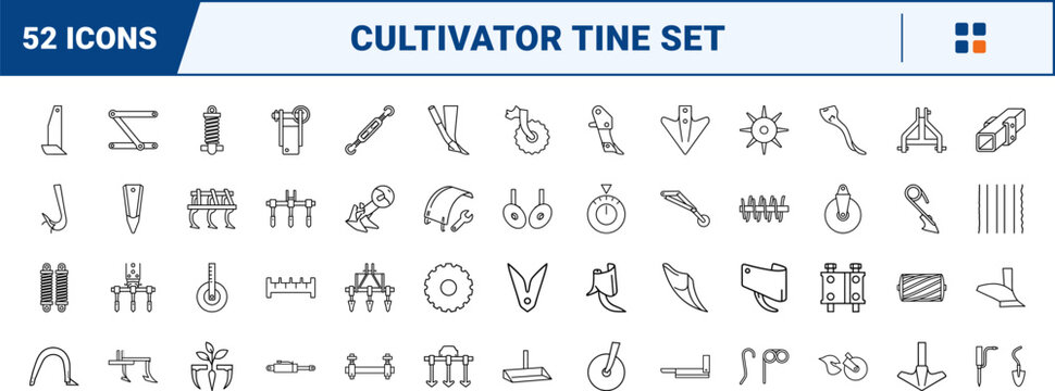 Agricultural cultivator tines line icon set. Vector pictograms of row, crop, tillage, and shank elements, thin linear illustration.