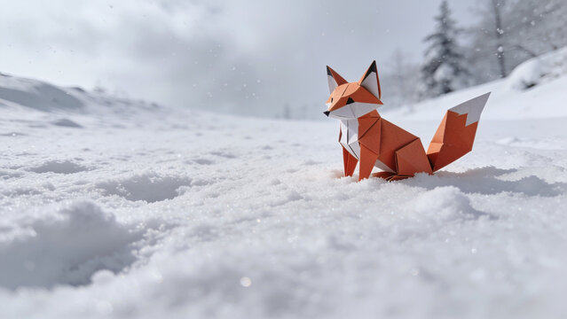 Orange origami fox sculpture resting peacefully on top of a deep white fluffy snowy mountain landscape