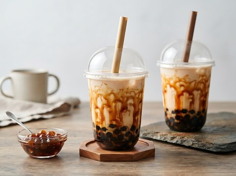 Iced brown sugar milk tea with tapioca pearls in plastic cups on wooden surface